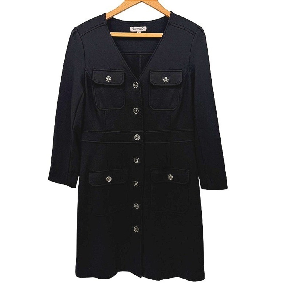 Nanette Nanette Lepore Button Front V-Neck Pocket Dress Structured‎ Black Sz 12